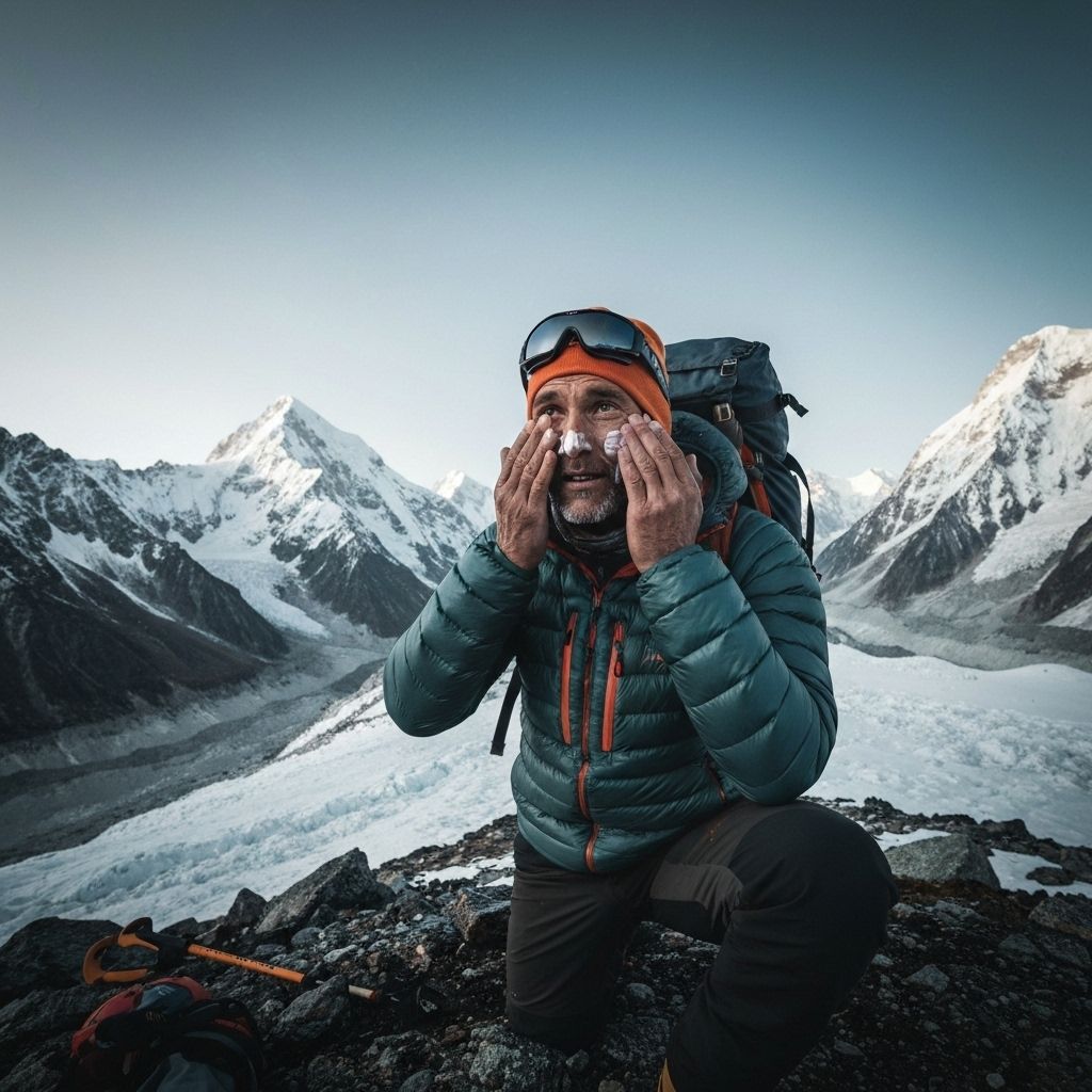 Mountaineer applying skincare at high altitude